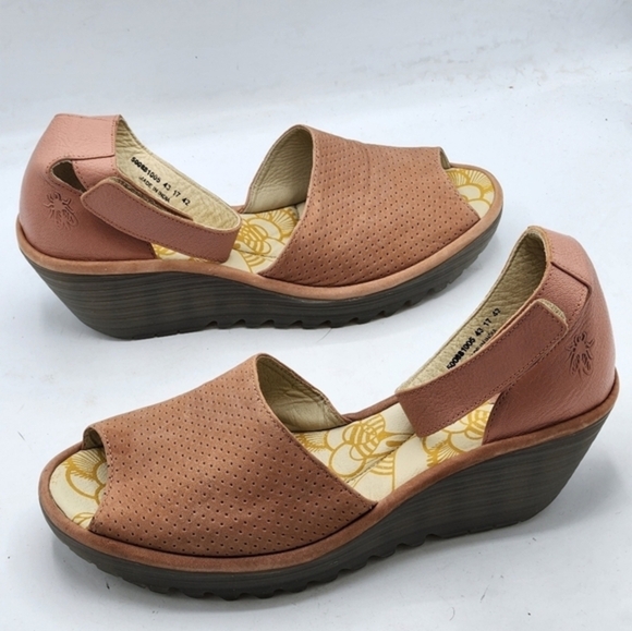 FLY London Perforated Leather Wedge Sandals In Pink and Grey Style Yake Size 10 - Picture 2 of 15